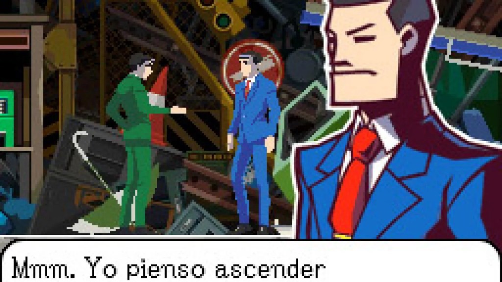 Dos personajes hablan. Uno lleva un traje azul y corbata roja, reminiscente a Phoenix Wright de Ace Attorney. 